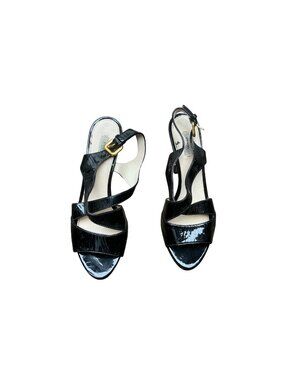 Prada Black Patent Leather Ankle Strap Sandals Open Toe Heels Womens Size 38